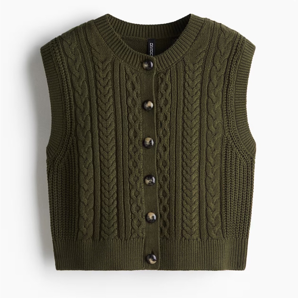 H&M Dark Khaki Green Cable Knit Cardigan Vest Size Small